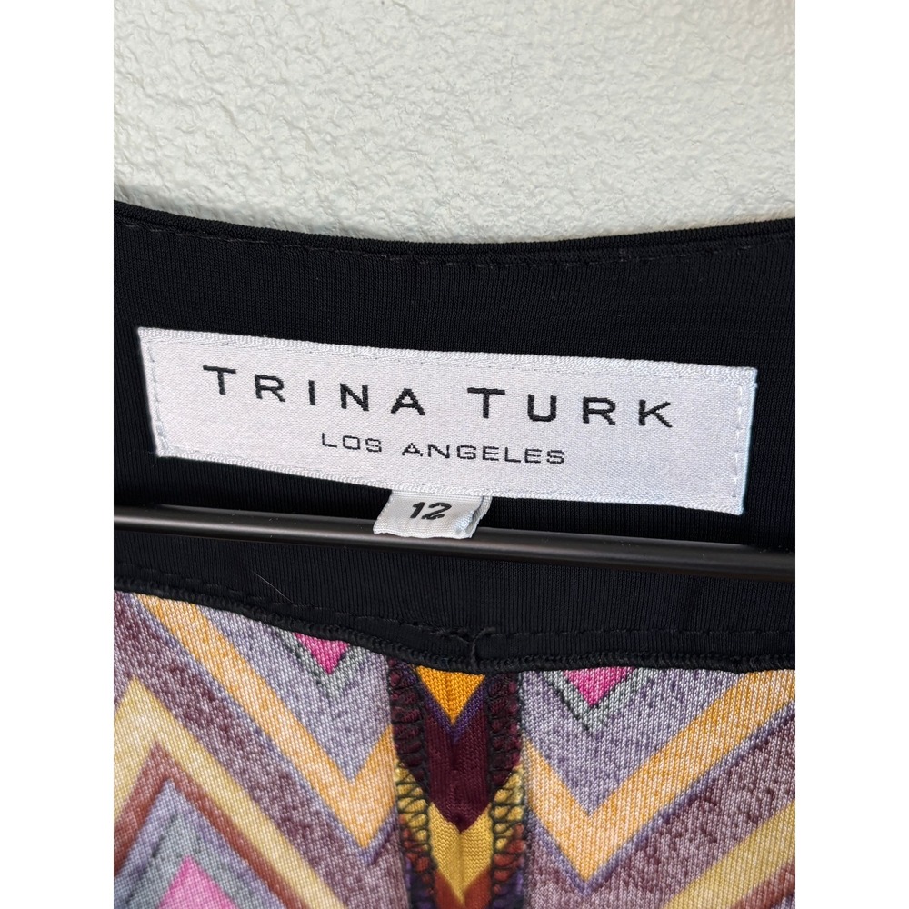 Trina Turk Chevron Silk V-Neck Dress Multicolor Womens 12 Empire Waist Zig Zag - Picture 3 of 5